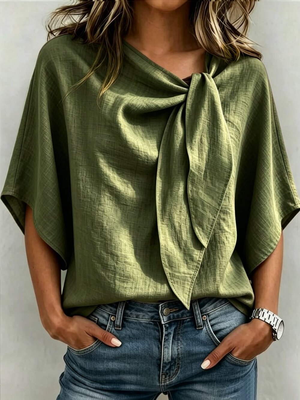 Dark Green Casual Women's Elegant Tie Collar Batwing Sleeve Blouse